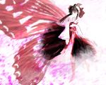  aojiru_(shiro_to_kuro_no_mukyou) black_eyes bow brown_hair butterfly_wings detached_sleeves full_body hair_bow hair_tubes hakurei_reimu long_hair long_sleeves non-web_source red_bow red_ribbon ribbon ribbon-trimmed_sleeves ribbon_trim solo touhou wide_sleeves wings 