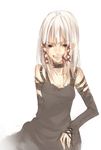  bangs dress elbow_gloves gloves gothic grin itou_nanami mouth_hold original simple_background smile solo white_hair 