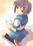  blue_sailor_collar book from_above from_behind holding holding_book kita_high_school_uniform looking_at_viewer looking_back nagato_yuki nagisa_honoka sailor_collar school_uniform serafuku short_hair sitting solo suzumiya_haruhi_no_yuuutsu wariza 