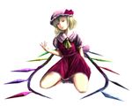  aojiru_(shiro_to_kuro_no_mukyou) ascot blonde_hair flandre_scarlet hat non-web_source red_eyes short_hair simple_background sitting solo touhou white_background wings 