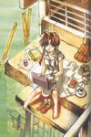  amano_kozue aria bag barefoot book breasts casual computer cup dress exif_thumbnail_surprise from_above hair_tubes laptop large_breasts long_hair looking_at_viewer looking_up mizunashi_akari official_art railing red_hair saucer shoes_removed sideboob sidelocks sitting soaking_feet socks_removed solo water white_dress 