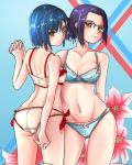  2girls arm_behind_back ass ass_visible_through_thighs back bangs belt black-framed_eyewear blue_bra blue_hair blue_panties bow bow_bra bow_panties bra breasts brown_belt brown_panties closed_mouth collarbone commentary cowboy_shot crotch_seam darling_in_the_franxx flower food frilled_bra frills from_behind frown fruit glasses green_eyes half_updo hands_together highres ichigo_(darling_in_the_franxx) ikuno_(darling_in_the_franxx) interlocked_fingers kneeling lace lace-trimmed_bra lace-trimmed_panties light_blush lily_(flower) lips looking_at_viewer looking_back multiple_girls navel over-rim_eyewear panties purple_eyes rectangular_eyewear semi-rimless_eyewear short_hair shumiao sidelocks small_breasts smile strawberry striped striped_bra striped_panties thighs underwear underwear_only yellow_eyes yuri 