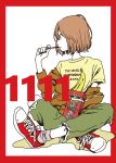  1girl bob_cut border brown_hair brown_jacket commentary_request flat_color food full_body highres holding_pocky hosoo jacket looking_to_the_side open_clothes open_jacket original pocky red_border shirt shoes short_hair short_sleeves sitting sneakers socks solo velvet_underground yellow_shirt 