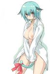  animal_ears blue_hair blush bottomless breasts brown_eyes cat_ears choker copyright_request large_breasts long_sleeves mutsutake nipples open_clothes open_shirt shirt short_hair solo tail 