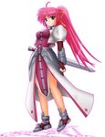  ahoge bare_legs blue_eyes cropped_jacket fingerless_gloves full_body gloves hair_ribbon jacket levantine long_hair looking_at_viewer lyrical_nanoha magic_circle magical_girl mahou_shoujo_lyrical_nanoha mahou_shoujo_lyrical_nanoha_a's open_clothes open_jacket pink_hair ponytail red_gloves ribbon scabbard serious sheath signum simple_background solo standing unsheathed waist_cape white_background yamaguchi_ugou 