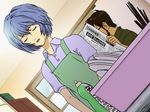  1girl apron artist_request ayanami_raising_project ayanami_rei blue_hair cleaning closed_eyes dutch_angle ikari_gendou neon_genesis_evangelion newspaper reading 