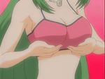 adjusting_clothes adjusting_swimsuit animated animated_gif bikini breast_lift breast_squeeze breasts cleavage green_hair head_out_of_frame inukami! jewelry large_breasts long_hair lowres navel necklace screencap solo swimsuit youko_(inukami) 