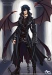  bat_wings blue_hair boots chain demon_boy demon_wings eyepatch gauntlets gothic long_coat male_focus original penicillin slit_pupils solo watermark wings yellow_eyes 