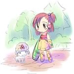  arm_cannon artist_request brown_eyes chibi cosplay dog dress gun lowres metroid metroid_(creature) pink_hair samus_aran solo weapon 