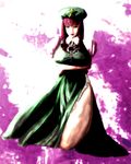  bare_legs braid breast_hold breasts closed_mouth cropped_legs crossed_arms dress expressionless green_dress hat hong_meiling long_hair looking_at_viewer non-web_source red_hair short_sleeves side_slit solo standing star touhou twin_braids 