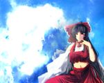  aojiru_(shiro_to_kuro_no_mukyou) bare_shoulders black_eyes black_hair bow cloud cloudy_sky detached_sleeves finger_to_mouth frilled_bow frills hair_bow hakurei_reimu long_hair midriff navel non-web_source realistic red_bow sky solo touhou very_long_hair wide_sleeves 