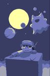  amaya_daisuke baseball_cap box climbing doukutsu_monogatari floating full_moon ghost hat lowres male_focus monochrome moon official_art pixel_art quote solo spot_color wavy_mouth yellow_eyes 