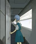  artist_request ayanami_rei bag blue_hair building door from_behind hallway neon_genesis_evangelion school_bag school_uniform short_hair solo window 