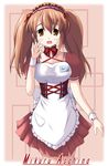  asahina_mikuru breasts brown_eyes brown_hair character_name corset eikichi_(mujirushi_shounen) large_breasts long_hair name_tag open_mouth solo suzumiya_haruhi_no_yuuutsu twintails waitress 