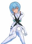  ayanami_rei bangs blue_hair bodysuit bracer breasts closed_mouth crossed_arms expressionless gloves head_tilt headgear looking_at_viewer neon_genesis_evangelion number official_art pilot_suit plugsuit red_eyes shadow short_hair signature simple_background sitting skinny small_breasts solo suzuki_shunji white_background white_bodysuit 