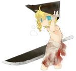  artist_request blonde_hair blood blue_eyes drill_hair gloves helmet male_focus pyramid_head shirtless silent_hill silent_hill_2 solo sword weapon younger 