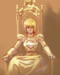  ahoge armor armored_dress artist_request artoria_pendragon_(all) blonde_hair dress fate/stay_night fate_(series) gauntlets green_eyes king lowres muted_color saber sitting solo throne 
