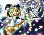  aozora_market blonde_hair bow braid broom broom_riding glowing hair_bow hand_on_headwear hat kirisame_marisa mary_janes open_mouth petticoat shoes sidesaddle solo star touhou witch_hat yellow_eyes 