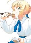  ahoge artoria_pendragon_(all) blonde_hair blouse blush bow bowl bowtie chopsticks eating fate/stay_night fate_(series) fingernails food food_on_face green_eyes hair_ribbon holding holding_bowl hota long_sleeves one_eye_closed ribbon rice rice_on_face saber sidelocks simple_background solo white_background white_blouse 