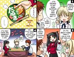  2girls 4koma artoria_pendragon_(all) blonde_hair chibi comic emiya_shirou fate/stay_night fate_(series) food hard_translated long_sleeves multiple_girls nakajima_akihiko noodles parody saber soba toosaka_rin translated turtleneck 