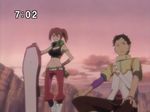  1girl black_hair clock clockshow eureka_seven eureka_seven_(series) hair_between_eyes hand_on_hip hands_on_own_knees liftboard lowleg lowleg_pants midriff pants red_hair ruri_(eureka_seven) screencap short_twintails sports_bra sumner_sturgeon twilight twintails 