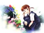  bag bouquet brown_eyes brown_hair flower flower_pot home_room looking_at_viewer nagatsuki_misoka plant potted_plant school_bag school_uniform solo squatting 