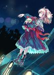  alice_margatroid ankle_boots blonde_hair boots capelet closed_eyes doll dutch_angle floating_hair hairband holding kusanagi_kikoku long_sleeves night night_sky outdoors outstretched_arm ribbon rooftop shanghai_doll skirt sky solo touhou wind 