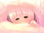  bed blush brown_eyes chinchickrin original peeking_out pink_hair solo tears under_covers 