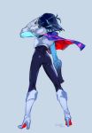  1boy androgynous armor ass back blue_hair cape cowboy_shot deltarune from_behind full_body gloves kris_(deltarune) scarf short_hair simple_background solo standing wallpaper 