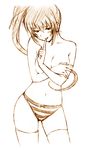  blush bow bow_panties breast_hold breasts cameltoe comic_party covering jas medium_breasts monochrome panties ponytail solo striped striped_panties takase_mizuki thighhighs topless underwear underwear_only 