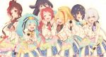  6+girls :d ;) ahoge aqua_hair black_hair black_shirt blonde_hair blue_eyes blue_skirt bow bowtie breasts brown_eyes brown_hair collared_shirt commentary cowboy_shot eyebrows_visible_through_hair eyes_visible_through_hair facing_viewer grey_neckwear hair_between_eyes hair_bow hair_ornament hair_over_one_eye hair_ribbon holding holding_microphone hoshikawa_lily konno_junko large_breasts long_hair looking_at_viewer low_twintails medium_breasts microphone minamoto_sakura mizuno_ai multicolored_hair multiple_girls neck_ribbon necktie nikaidou_saki one_eye_closed open_mouth polka_dot polka_dot_bow ponytail red_eyes red_hair red_neckwear red_ribbon ribbon shirt short_hair side_ponytail silver_hair simple_background skirt small_breasts smile star star_hair_ornament streaked_hair striped striped_neckwear striped_shirt twintails twitter_username white_background yamada_tae yuugiri_(zombie_land_saga) yuuna_minato zombie_land_saga 