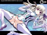  blush bodysuit breasts covered_nipples dyogrammaton hair_ribbon illuda_vaganova_ivanov large_breasts long_hair lying no_panties on_back open_mouth purple_eyes pussy ribbon shinozuka_atsuto skin_tight solo spread_legs third-party_edit twintails uncensored wallpaper white_hair 