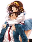  1girl arms_around_neck blue_sailor_collar brown_hair deredere hairband hug hug_from_behind kita_high_school_uniform kyon long_sleeves necktie one_eye_closed orange_hairband pin.x sailor_collar school_uniform serafuku short_hair suzumiya_haruhi suzumiya_haruhi_no_yuuutsu sweatdrop 