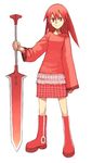  boots full_body holding holding_sword holding_weapon long_sleeves looking_at_viewer original red_eyes red_hair simple_background skirt solo standing sword weapon white_background yu_65026 