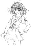  armband greyscale kita_high_school_uniform long_sleeves monochrome school_uniform serafuku short_hair sketch solo suzumiya_haruhi suzumiya_haruhi_no_yuuutsu yumesato_makura 