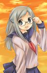  adjusting_eyewear arm_up cloud glasses grey_eyes grey_hair long_hair long_sleeves looking_at_viewer necktie orange_sky original pleated_skirt school_uniform serafuku sidelocks skirt sky solo upper_body usashiro_mani 