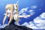  :d air blonde_hair blue_eyes cloud day kamio_misuzu long_hair open_mouth outstretched_arms ponytail sidelocks sky smile solo soumi_shizuru spread_arms 