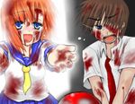  1girl believe_in_me blood blue_eyes brown_hair couple hair_over_one_eye hetero higurashi_no_naku_koro_ni komore lowres maebara_keiichi necktie orange_hair ryuuguu_rena school_uniform serafuku tears 