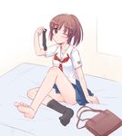  arm_support bag bed brown_eyes brown_hair crossed_legs emon feet holding_socks kibina_high_school_uniform kimi_kiss one_eye_closed sakino_asuka school_bag school_uniform short_hair single_sock socks solo 