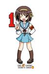  armband blue_sailor_collar brown_hair c-chaos full_body hand_on_hip index_finger_raised kita_high_school_uniform long_sleeves pigeon-toed sailor_collar school_uniform serafuku short_hair solo standing suzumiya_haruhi suzumiya_haruhi_no_yuuutsu yellow_eyes 