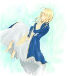  ahoge artist_request artoria_pendragon_(all) blonde_hair closed_eyes dress fate/stay_night fate_(series) hug long_sleeves saber sheath short_hair simple_background solo 