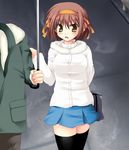  artist_request brown_hair coat miniskirt shared_umbrella short_hair skirt solo suzumiya_haruhi suzumiya_haruhi_no_yuuutsu thighhighs umbrella zettai_ryouiki 