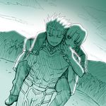  1girl bazett_fraga_mcremitz carrying fate/hollow_ataraxia fate/stay_night fate_(series) green lancer lowres monochrome piggyback st_parasu 