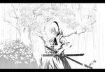  greyscale konpaku_youmu monochrome nekoita rain ready_to_draw sheath sheathed solo sword touhou weapon 