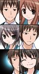  3girls artist_request asahina_mikuru brown_eyes brown_hair closed_eyes grey_eyes grey_hair happy head_tilt kita_high_school_uniform kyon long_hair looking_at_viewer multiple_girls nagato_yuki portrait school_uniform serafuku short_hair smile suzumiya_haruhi suzumiya_haruhi_no_yuuutsu sweatdrop worried 