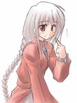  :d archerko braid fate/stay_night fate_(series) himura_kiseki jacket long_hair long_sleeves looking_at_viewer open_mouth pointing pointing_at_self red_eyes red_jacket silver_hair simple_background single_braid smile solo upper_body very_long_hair white_background 