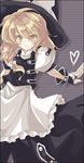  apron black_dress blonde_hair bow brown_background buttons dress fingerless_gloves gloves hat hat_bow heart kirisame_marisa long_hair puffy_short_sleeves puffy_sleeves short_sleeves simple_background solo striped striped_background touhou touya_(the-moon) waist_apron white_bow witch_hat yellow_eyes 