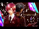  1girl artist_request avenger back-to-back bazett_fraga_mcremitz black_hair closed_eyes copyright_name fate/hollow_ataraxia fate/stay_night fate_(series) formal full_body_tattoo necktie red_hair short_hair suit tattoo 