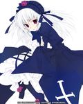  blue_dress cross-laced_clothes dress hairband lolita_hairband long_hair long_sleeves looking_at_viewer lowres pink_hair rozen_maiden silver_hair simple_background solo suigintou utsubushi_satsuki white_background 