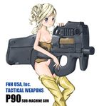  :3 blonde_hair bullpup gun mecha_musume military nano nipples no_bra original p90 solo submachine_gun weapon 
